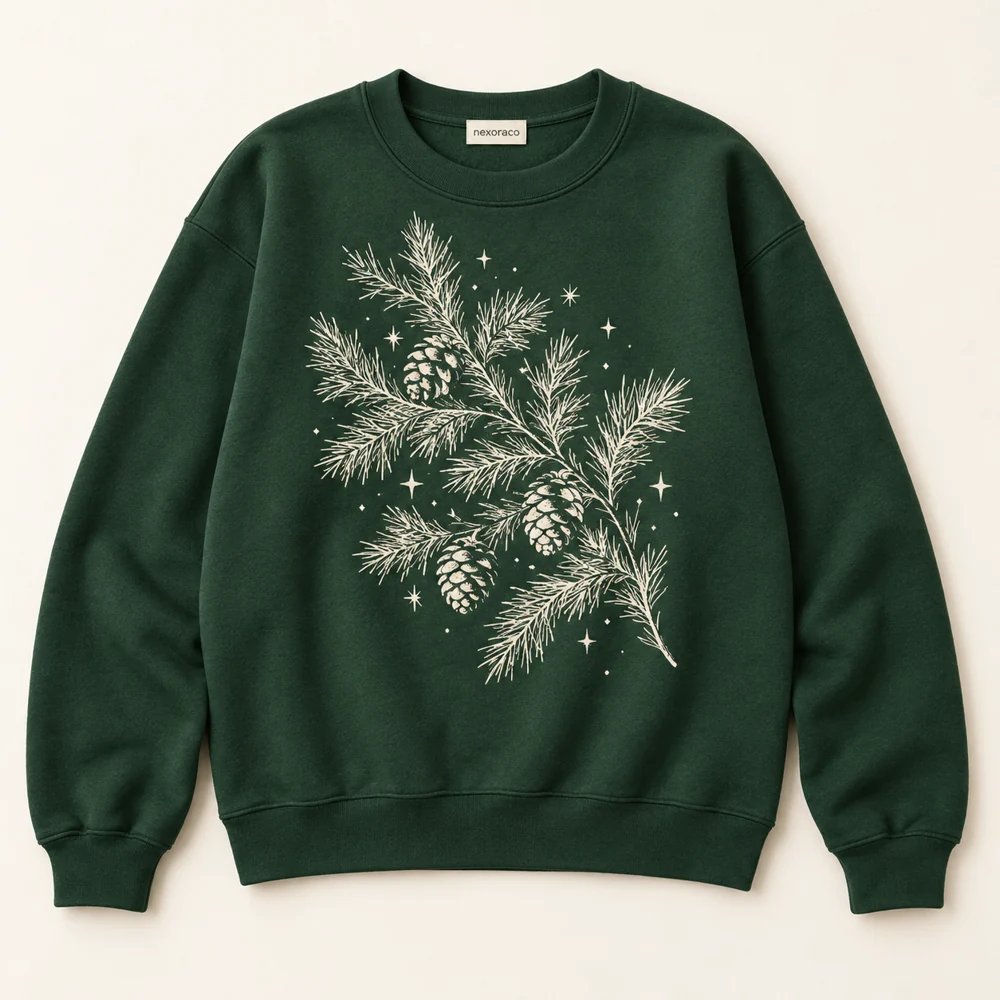 Forest Green Pine & Starlight Sweatshirt with pine sprigs and scattered stars