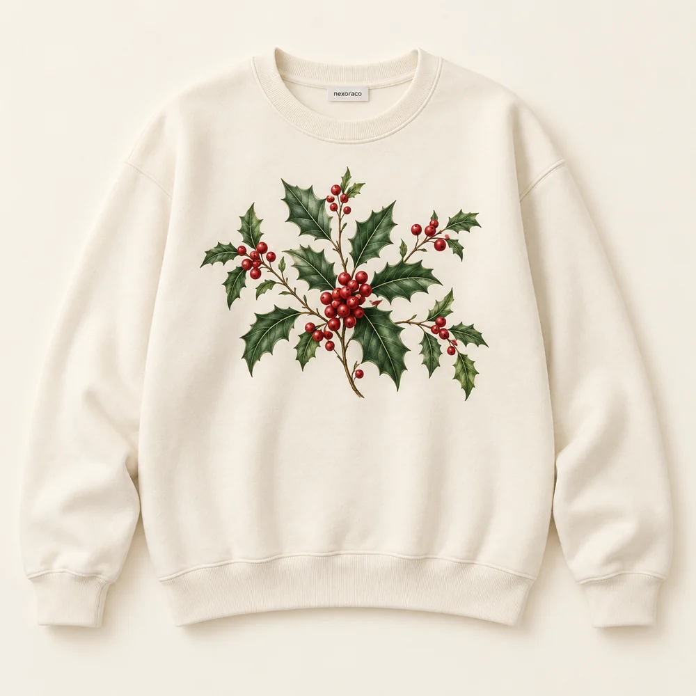 Ivory Holly Notes Sweatshirt with holly branches and berries
