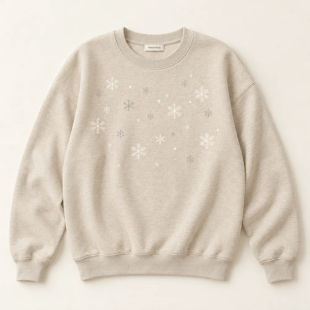Oatmeal Quiet Snowfall Sweatshirt with delicate scattered snowflakes