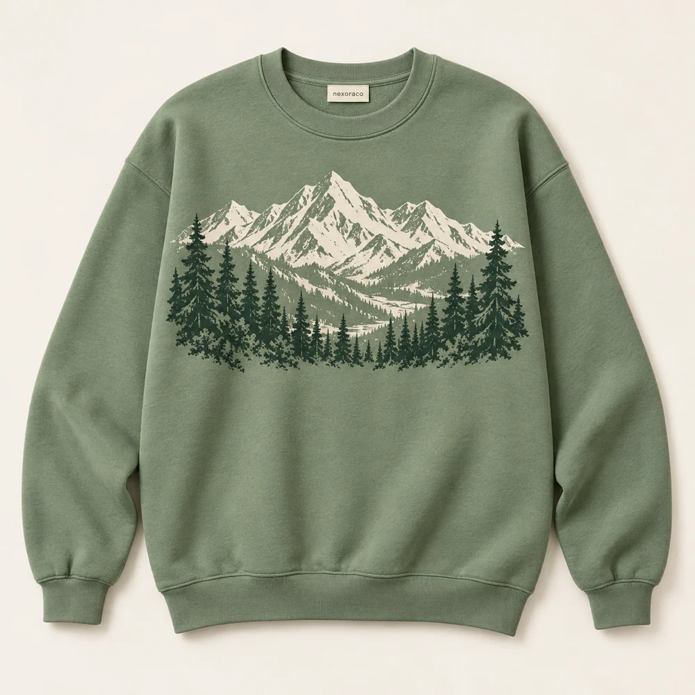 Sage Alpine Evergreen Sweatshirt with mountain silhouettes and evergreen trees
