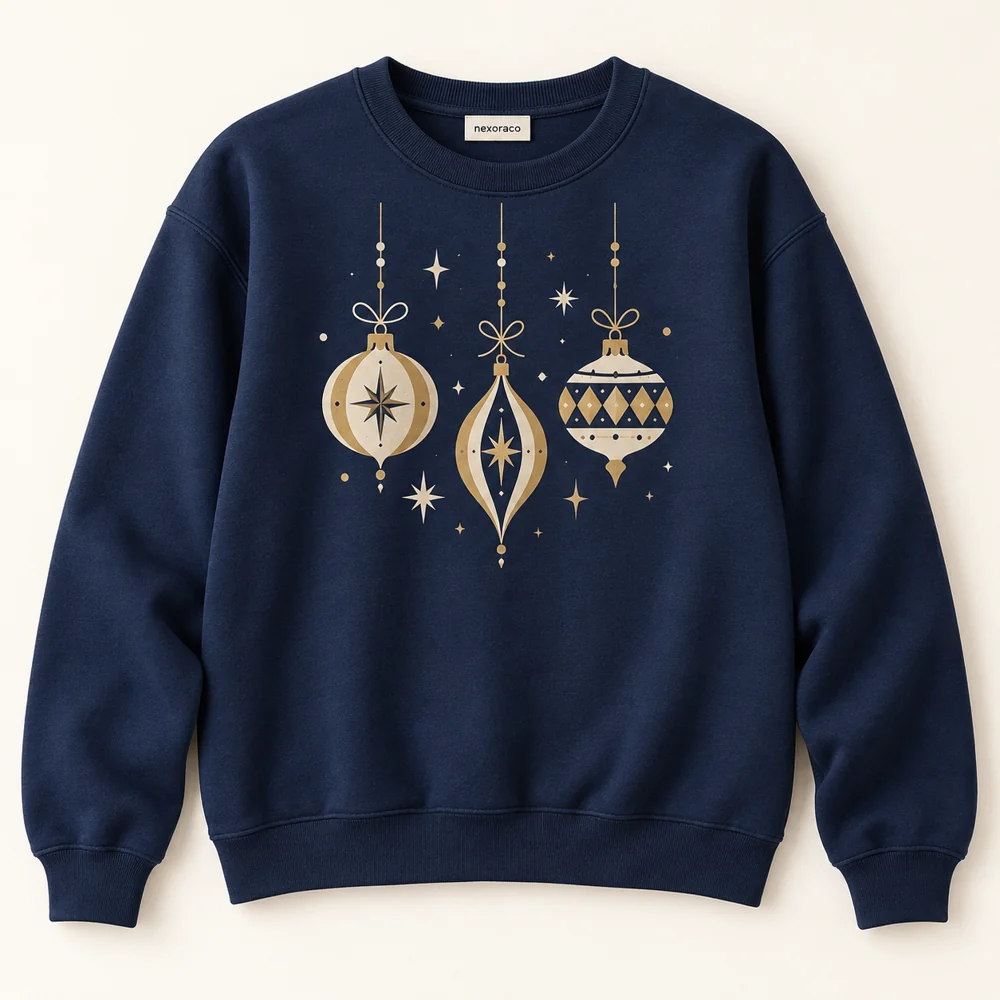 Navy Midnight Ornament Sweatshirt with geometric Christmas ornaments
