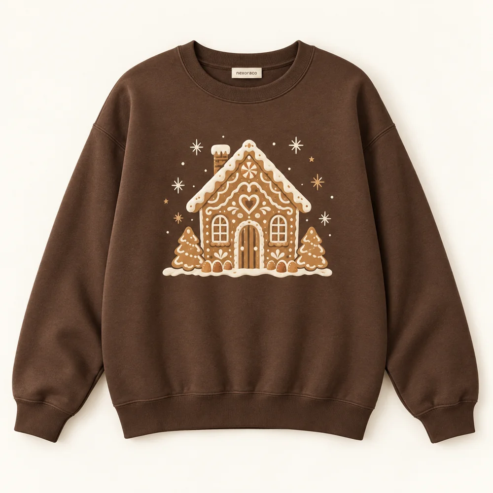 Cocoa Gingerbread Gathering Sweatshirt with a gingerbread house and stars