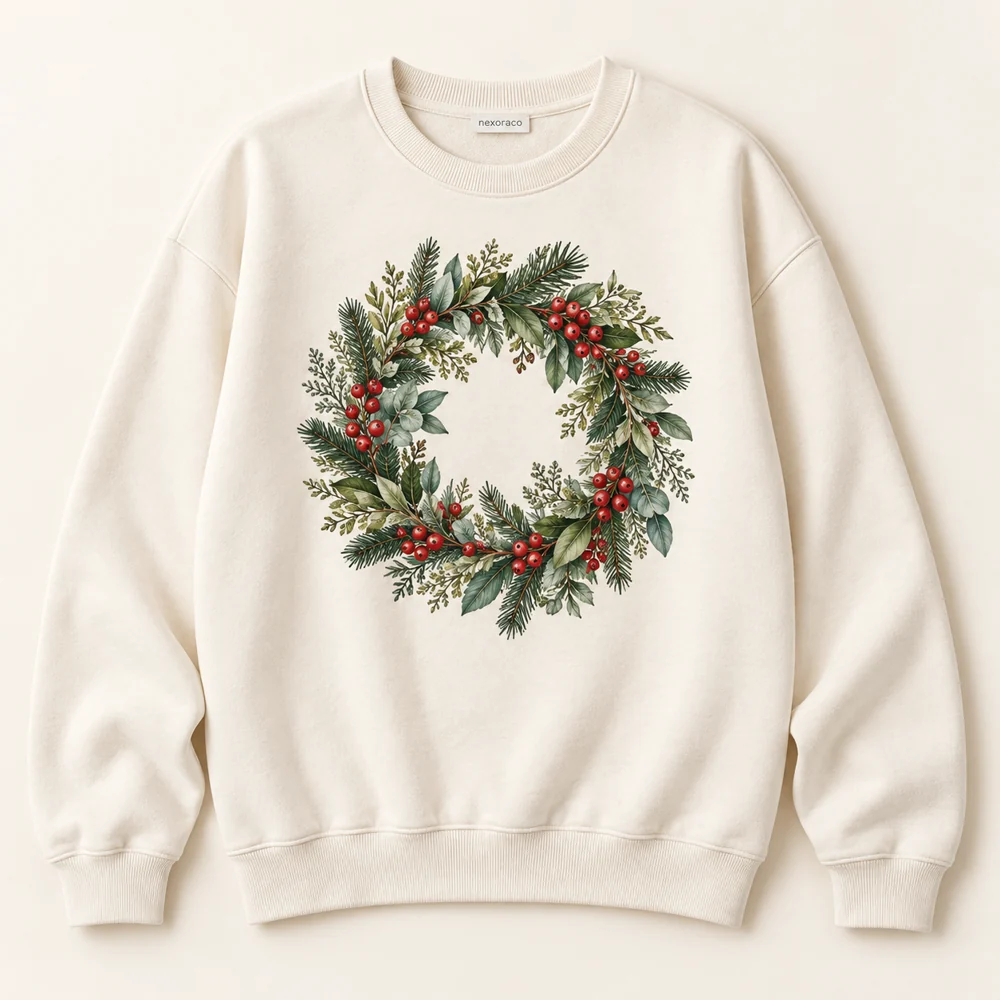 Ivory Merry Little Meadow Sweatshirt with a botanical holiday wreath