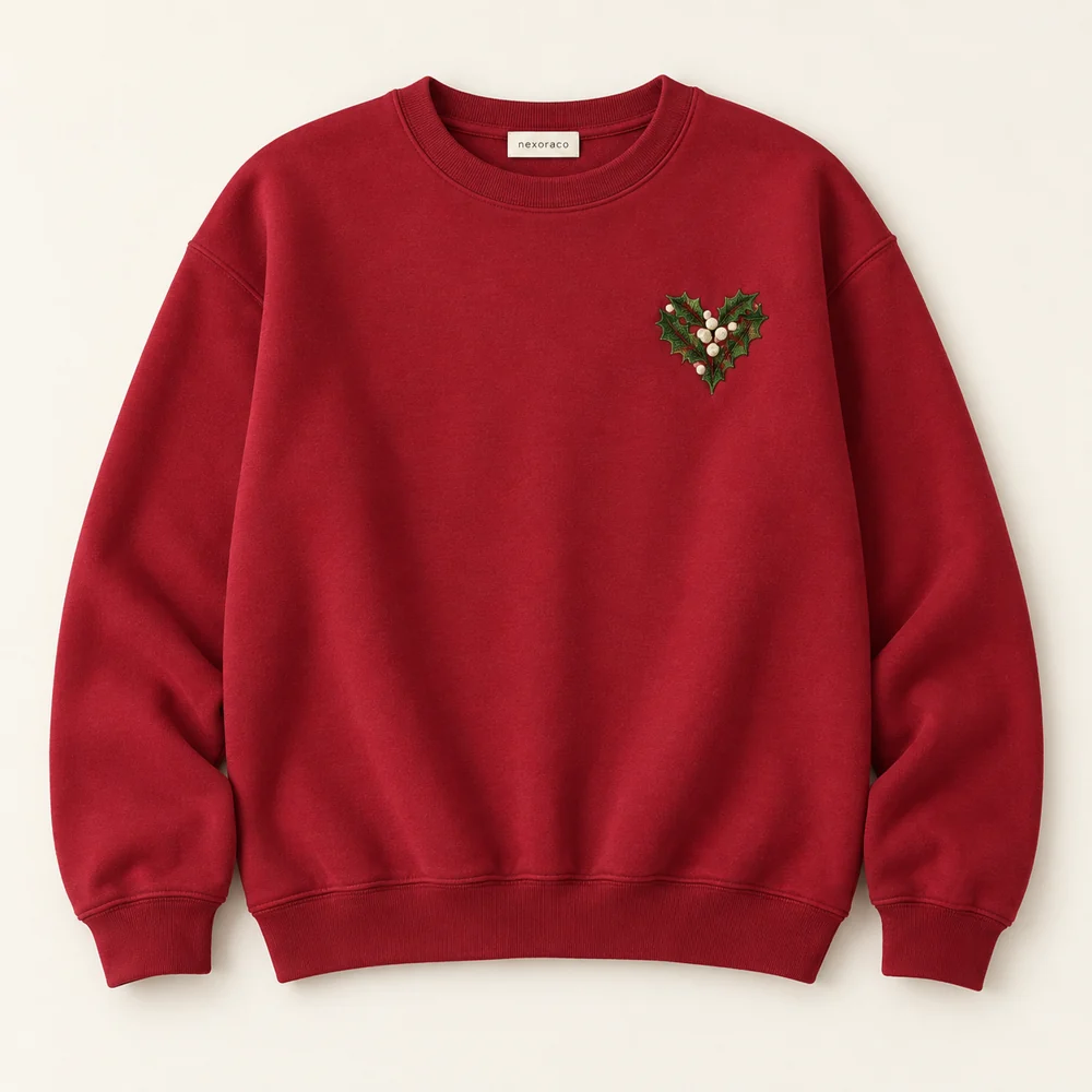 Cranberry Holly Heart Sweatshirt with an embroidered heart-shaped holly motif