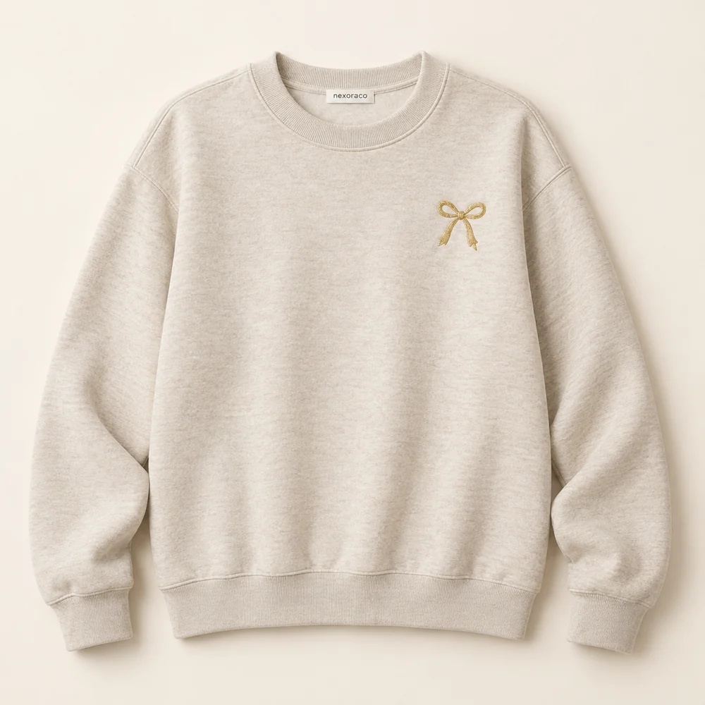 Oatmeal Golden Bow Sweatshirt with a matte gold thread embroidered bow