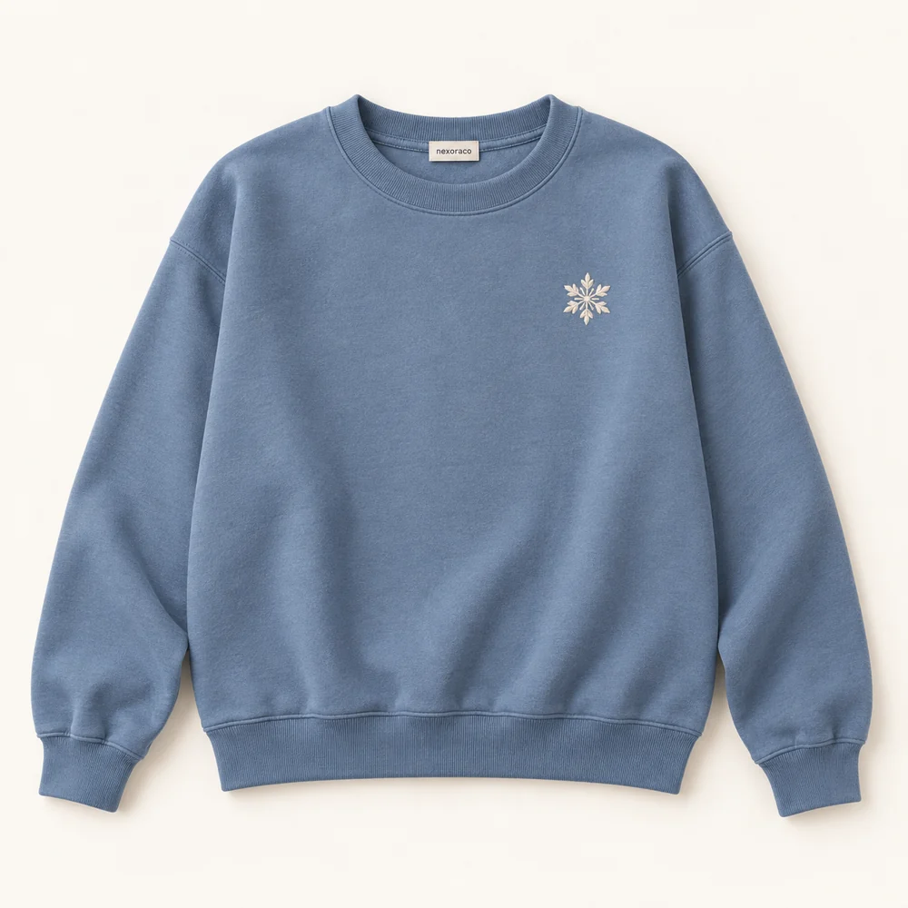 Dusty Blue Snowflower Sweatshirt with an embroidered snowflake flower