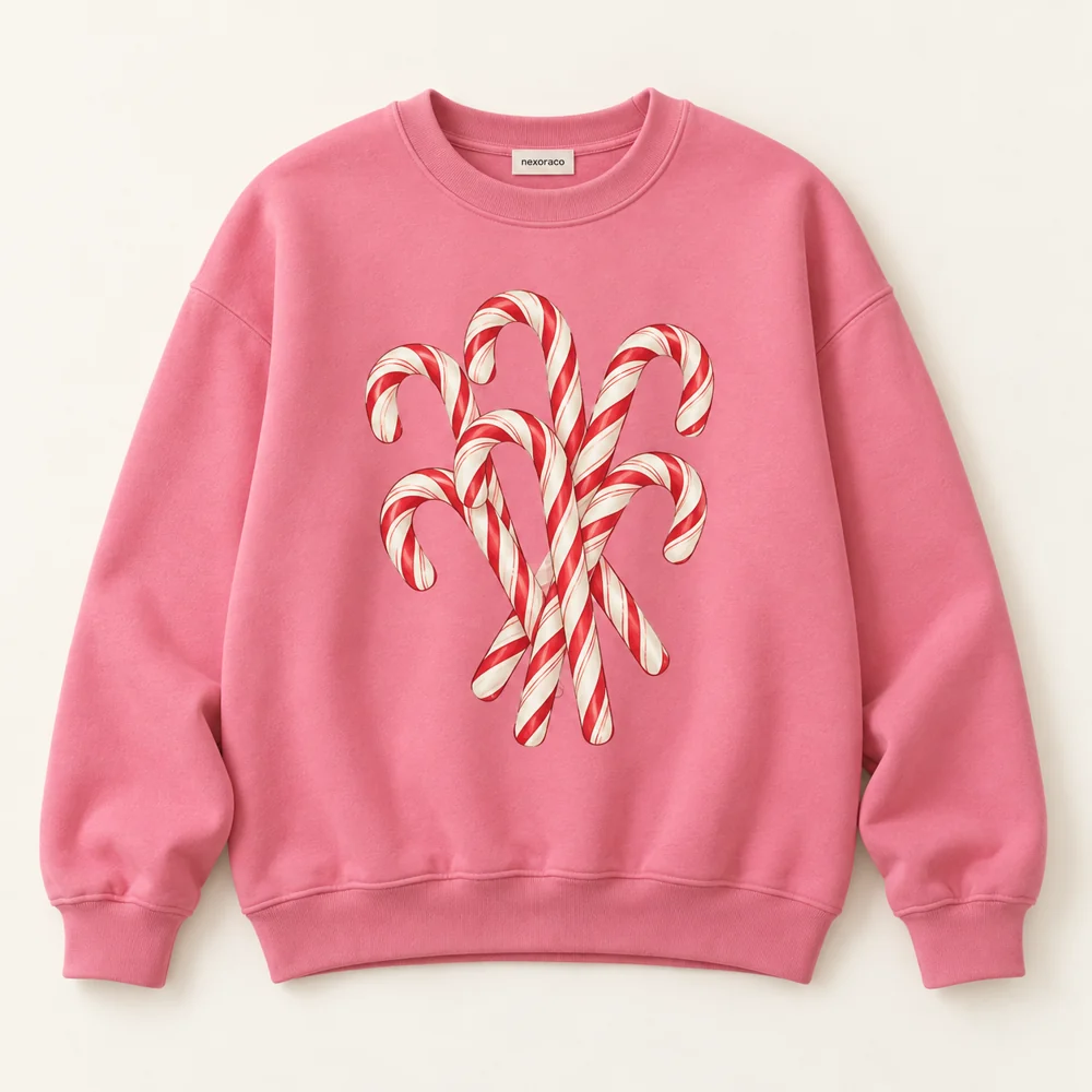 Rose Candy Stripe Sweatshirt with candy canes and festive stripes