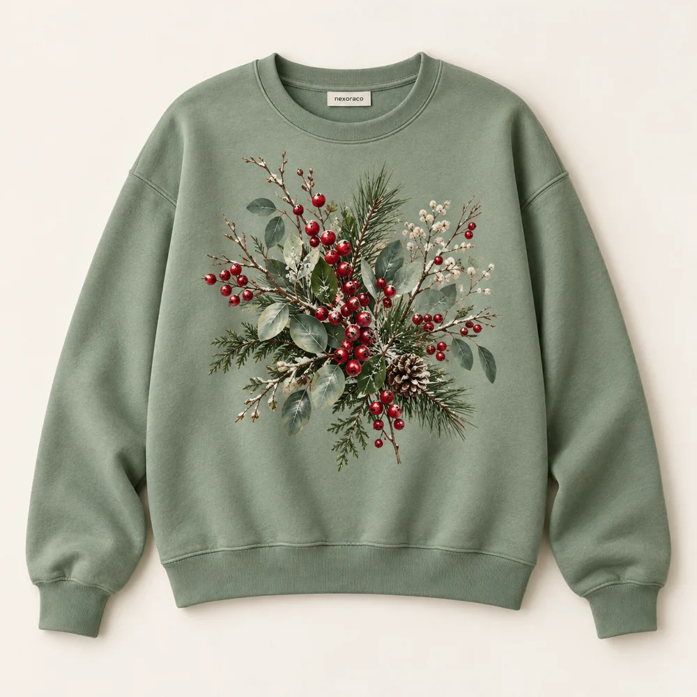 Sage December Garden Sweatshirt with winter branches and berries