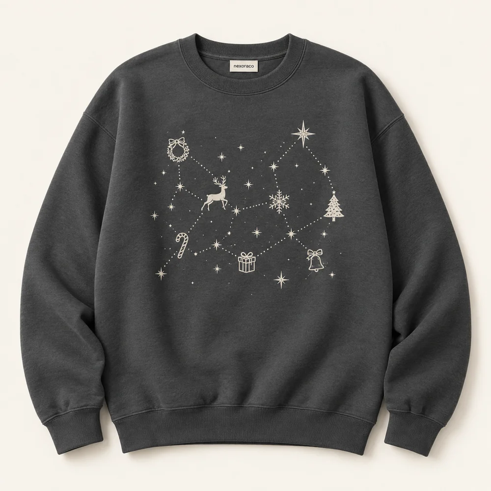 Charcoal Christmas Constellation Sweatshirt with constellation-inspired festive symbols